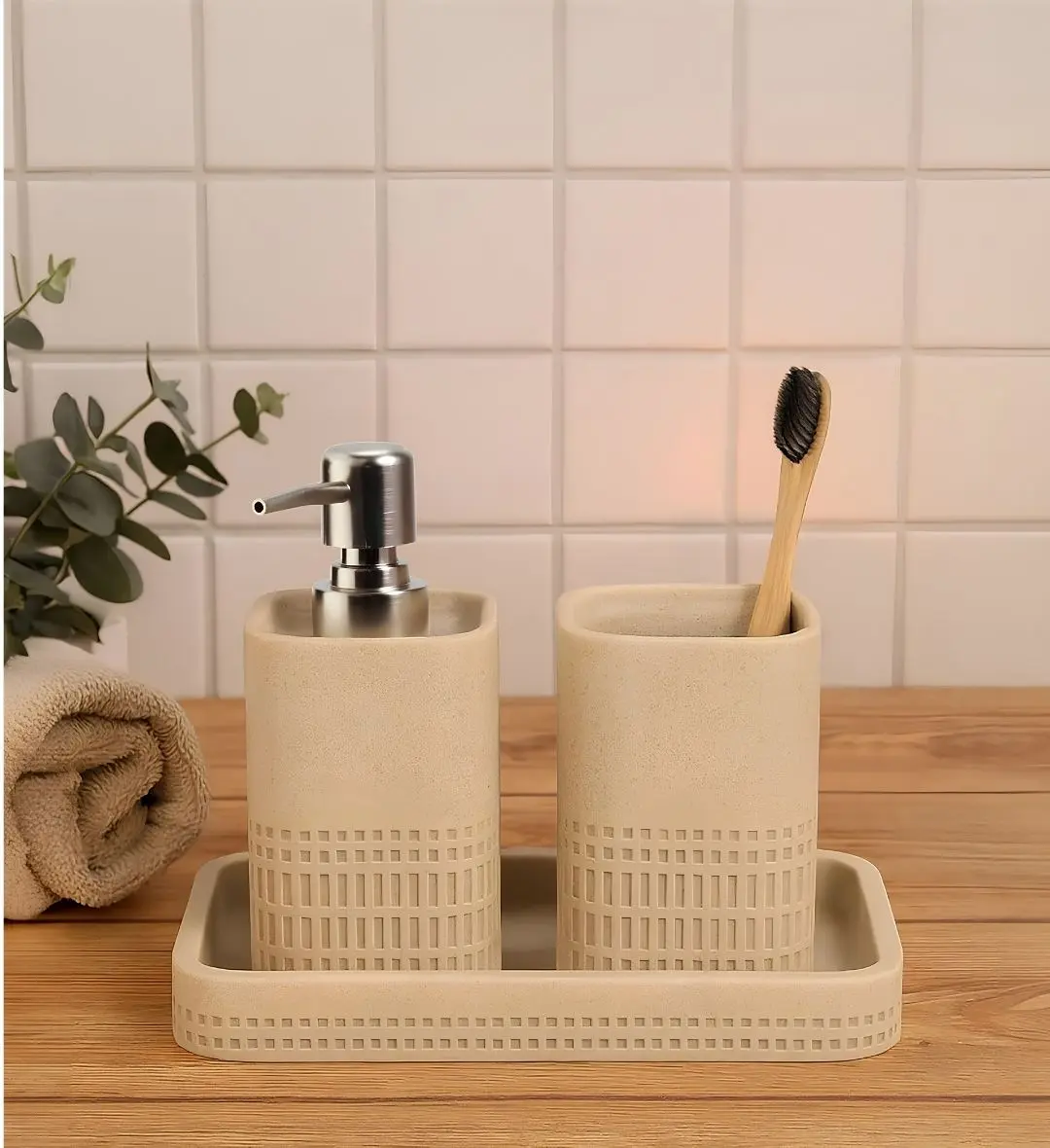 Bath Set 3pcs | Soap Dispenser, Toothbrush Holder & Tray – 4618 (Soap Dispenser: 7.3 × 7.3 × 15.6 cm (230 ml); Toothbru...